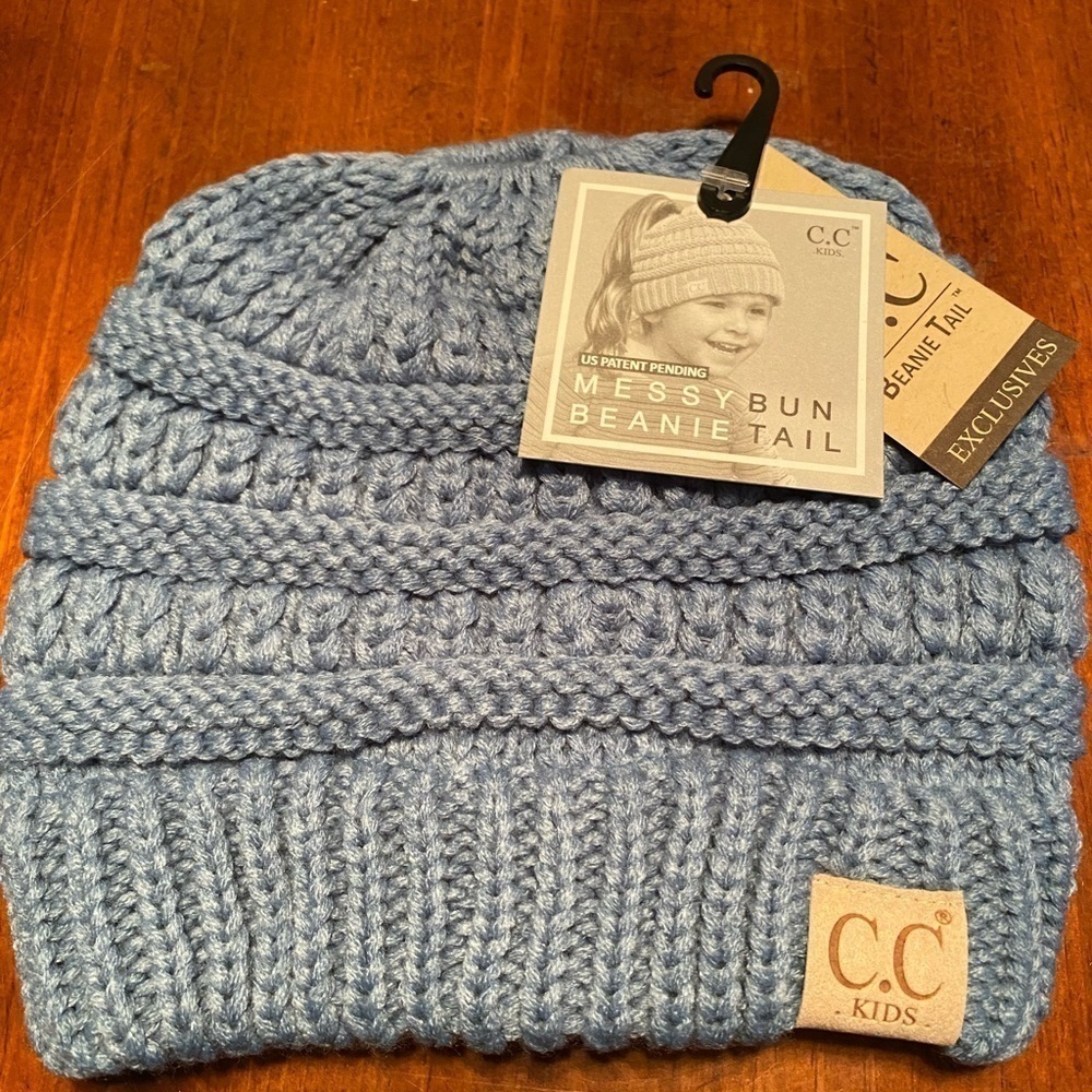 C.C. Blue Messy Bun Kids Winter Beanie Tail Hat